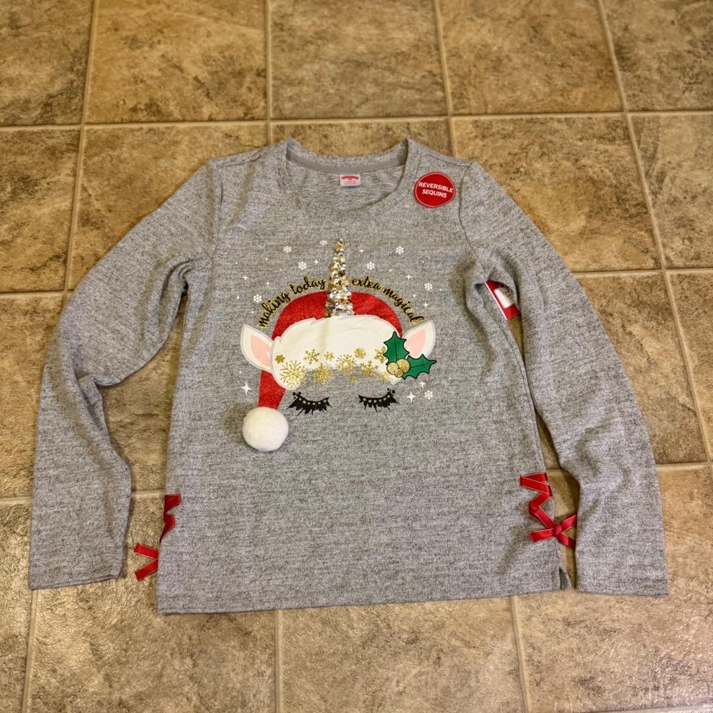 Holiday Time Girls Christmas Unicorn Sweater Gray Reversible Sequins L 10-12